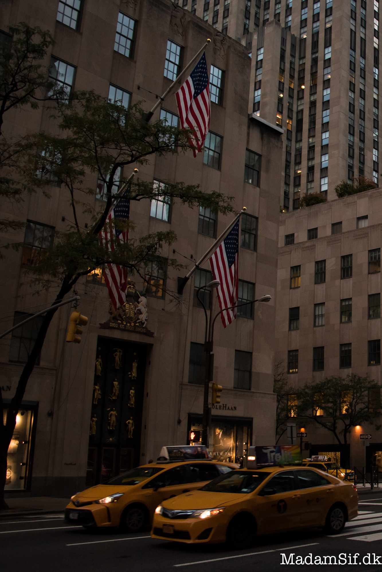 5th Avenue og ikoniske gule taxier i morgenlys.