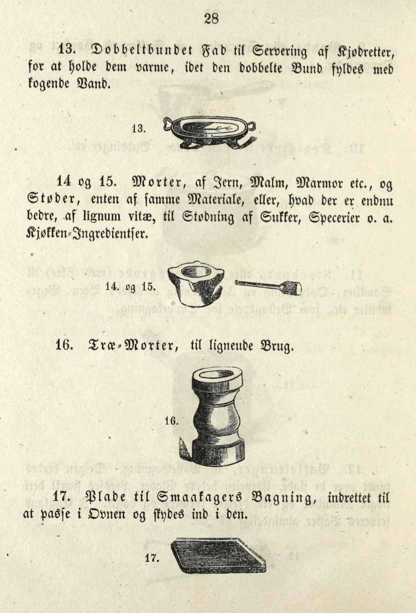 Køkkengrej fra 1855. Nederst ses en småkageplade.